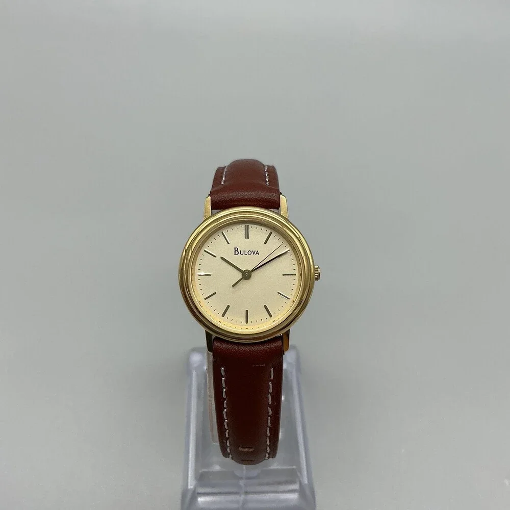 Bulova Womens Watch 26mm Cream Dial Brown Leather Strap Gold Tone New Battery